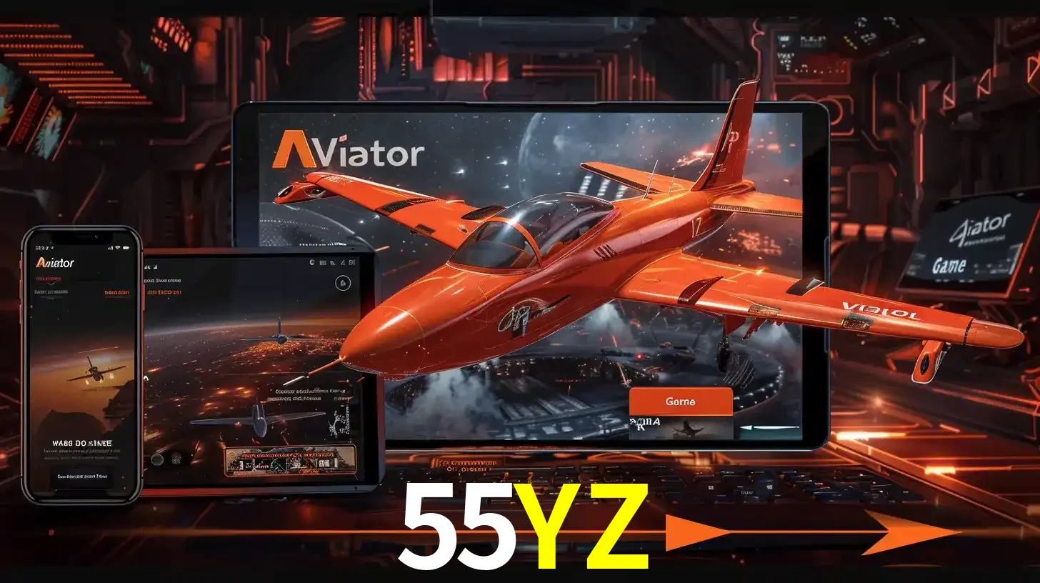 Apresentação tecnológica do jogo Aviator com um avião saindo da tela de um tablet, demonstrando a experiência imersiva em múltiplos dispositivos no 55YZ.