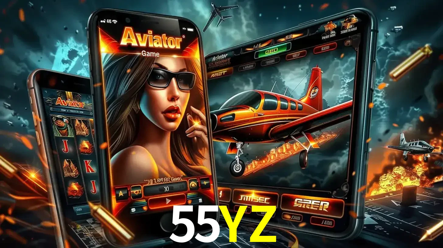 O popular jogo de apostas Aviator exibido em vários celulares e tablets, mostrando a interface emocionante e a ação de voo disponíveis para jogar agora no 55YZ.