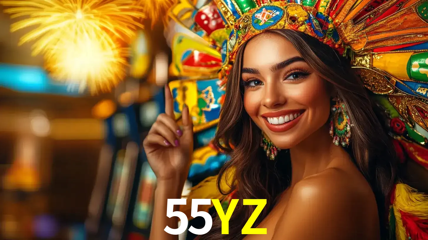 Mulher sorridente com um cocar de carnaval vibrante e colorido, celebrando uma grande vitória nos jogos do cassino 55YZ com fogos de artifício ao fundo.