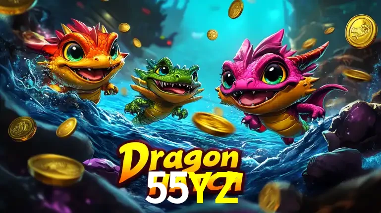 Arte promocional do jogo Dragon Hatch com três adoráveis dragões bebês nadando entre moedas de ouro, um dos slots mais divertidos para jogar no cassino 55YZ.