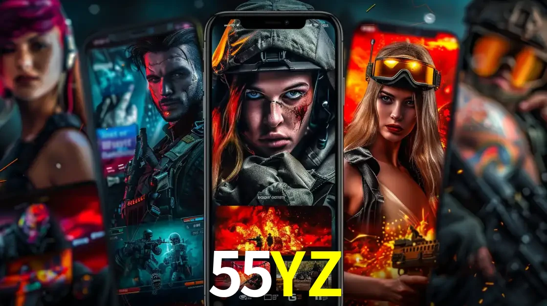 Montagem de telas de celular mostrando diversos personagens, masculinos e femininos, de um jogo de tiro, ilustrando a diversidade de equipes de e-sports para apostar no 55YZ.