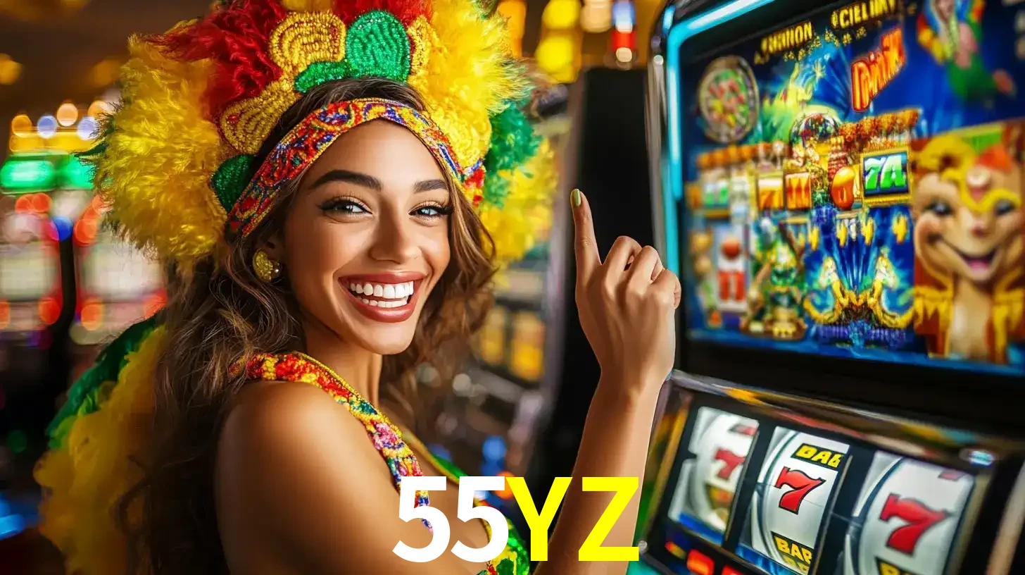 Mulher animada com um cocar de carnaval apontando para uma máquina de caça-níqueis, mostrando a emoção de ganhar um grande prêmio nos jogos do 55YZ.