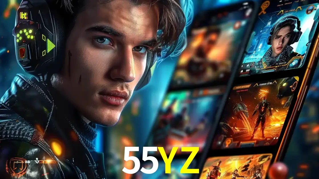 Jovem jogador com fones de ouvido olhando para a câmera, com um aplicativo de jogos e e-sports para celular ao fundo, pronto para a competição e apostas no 55YZ.
