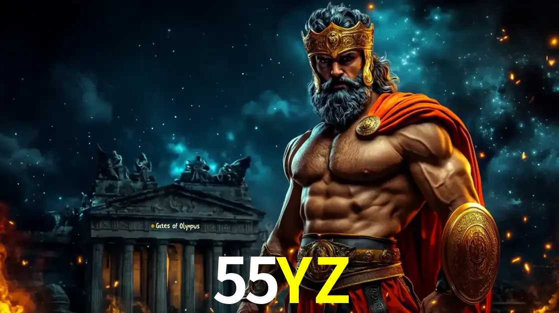 O poderoso Zeus do jogo de slot Gates of Olympus em frente ao seu templo, pronto para lançar multiplicadores divinos e prêmios épicos no cassino online 55YZ.