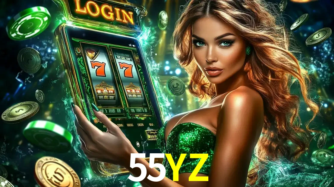 Mulher com tema verde apresentando o aplicativo do cassino 55YZ com um jogo de slot de 777, cercada por fichas de cassino e uma aura de sorte.