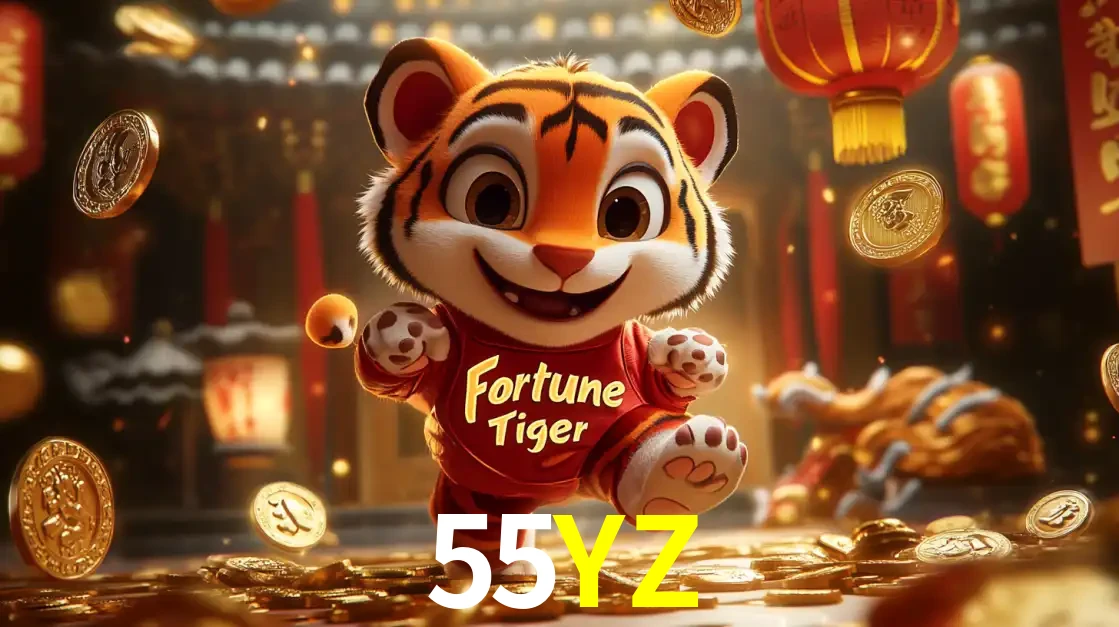 O alegre personagem do Fortune Tiger correndo sobre um caminho de moedas de ouro, simbolizando os grandes prêmios e a diversão do popular jogo de slot do 55YZ.