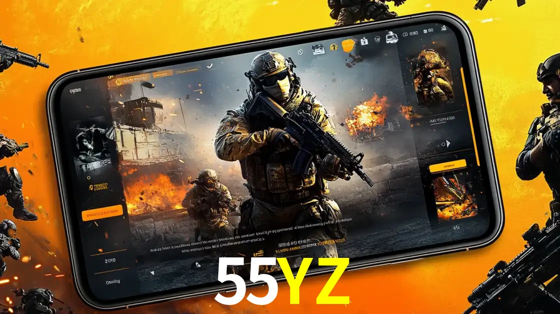 Um smartphone exibindo a interface de um jogo de tiro em primeira pessoa, com um soldado em um cenário de batalha, representando a ação dos e-sports para apostar no 55YZ.