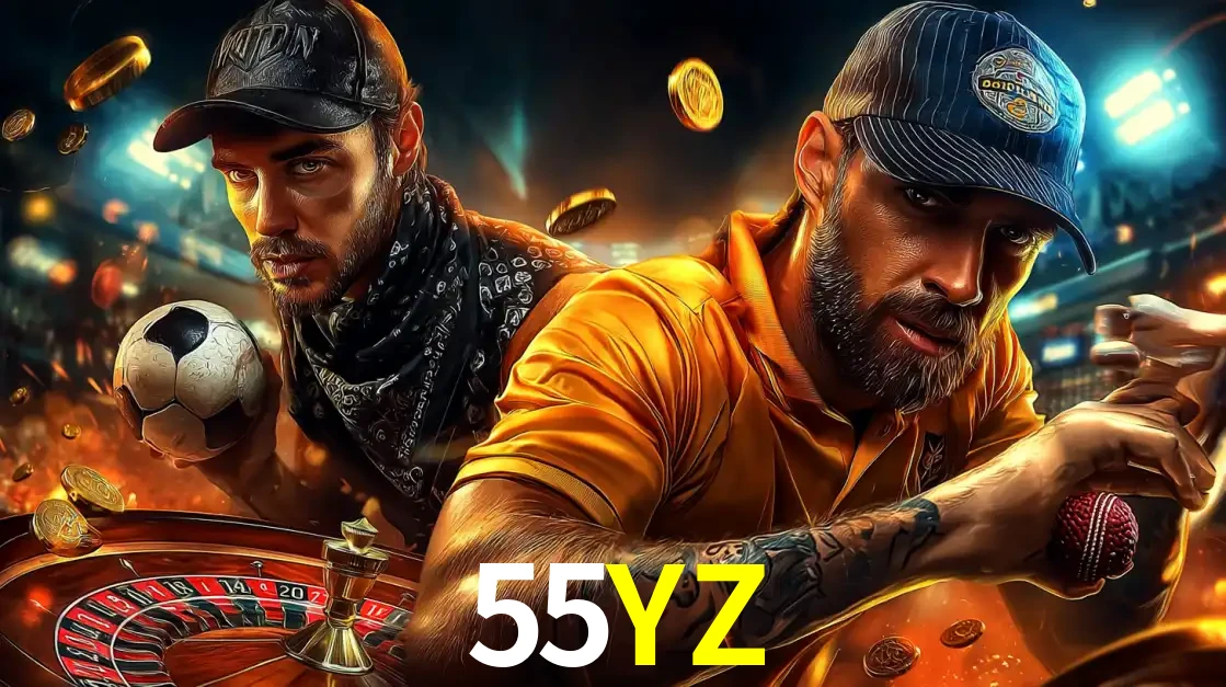 Montagem de apostas esportivas e cassino no 55YZ, com um homem segurando uma bola de futebol e outro uma de beisebol sobre uma roleta e moedas voadoras.