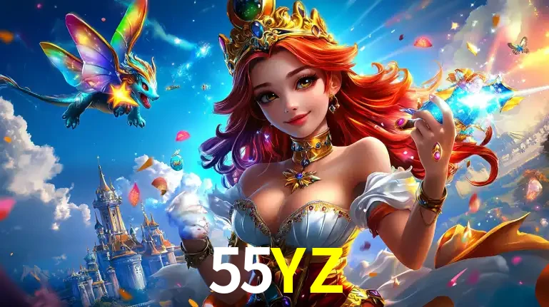 A princesa de um reino de fantasia mágico, com seu pequeno dragão, apresentando um mundo de prêmios encantados nos jogos de caça-níqueis do cassino 55YZ.