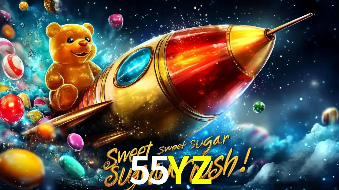Arte promocional do jogo de slot Sugar Rush, com um urso de pelúcia em um foguete viajando pelo espaço de doces, um dos jogos divertidos disponíveis no cassino 55YZ.