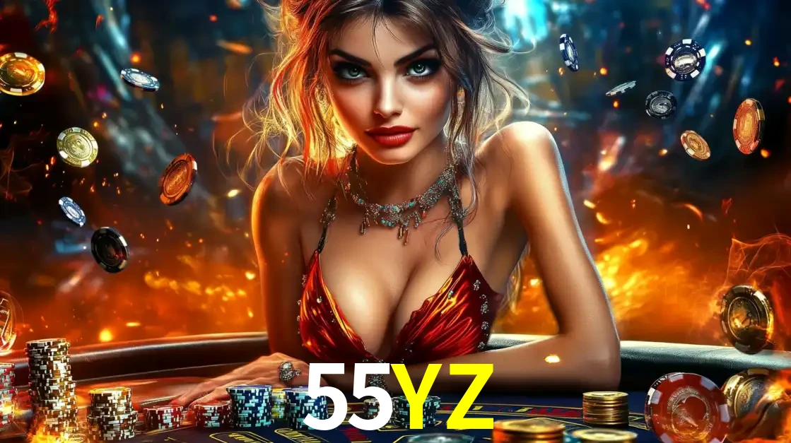 Mulher em uma mesa de cassino com pilhas de fichas e um fundo de fogo, pronta para uma rodada de altas apostas nos jogos de mesa emocionantes do cassino 55YZ.