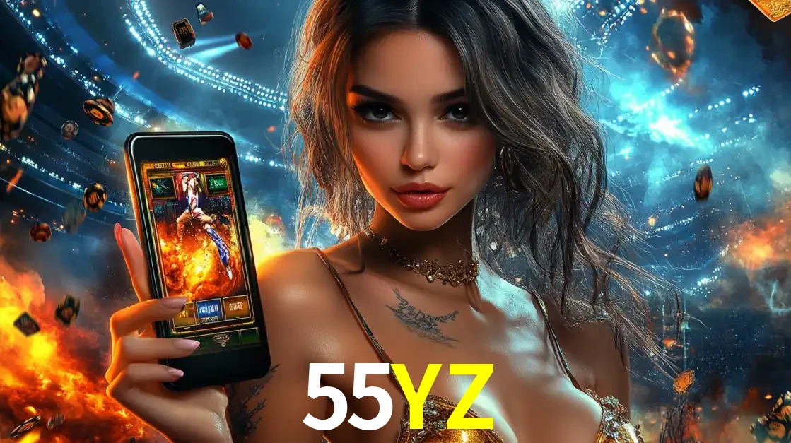 Mulher segurando um celular com um jogo de slot em destaque, tendo como fundo um estádio vibrante, simbolizando a emoção de jogar no cassino móvel 55YZ.