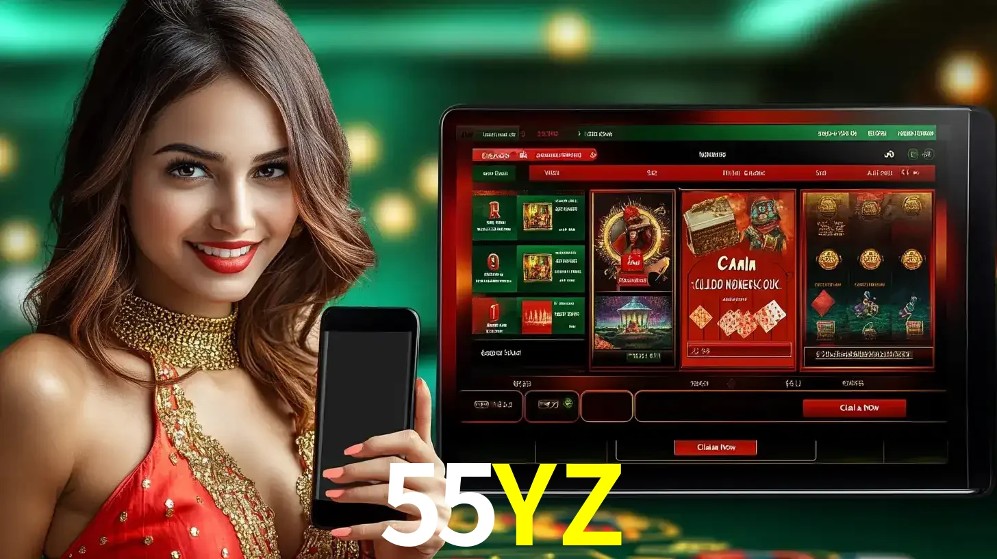 Mulher sorridente segurando um smartphone, ao lado de uma tela exibindo o lobby de jogos do cassino online 55YZ, com várias opções de jogos de cartas e slots.